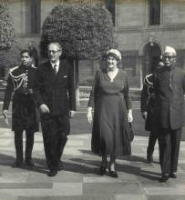 President Dr. Rajendra Prasad with Rt. Hon. Harold Macmillon, Prime Minister of U.K. and his wife at the Mughal Gardens, Rashtrapati Bhavan
