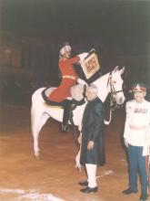 President R. Venkataraman presenting Trumpet & Banner to President's Bodyguard at the Rashtrapati Bhavan Forecourt